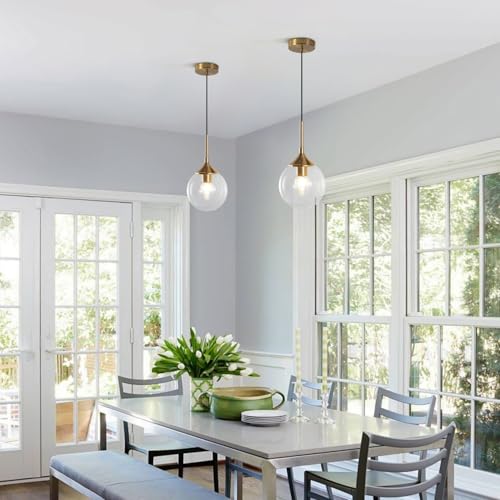 KCO Lighting Brushed Gold Kitchen Pendant Light 7” Modern Clear Glass Globe Pendant Light Brass Dining Room Light Fixture Mid Century Entryway Hanging Light Fixture (2 Pack) - color: Gold+Clear-2PC