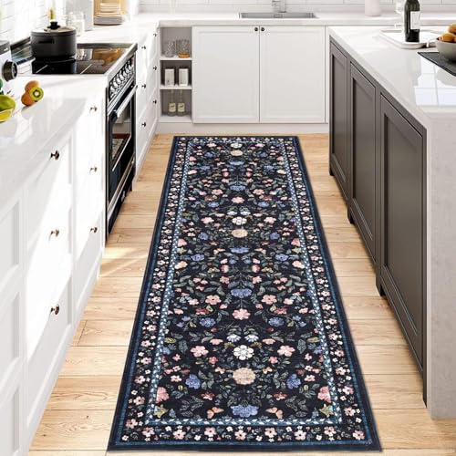 GarveeHome Washable Runner Rug 2 x 6 Non-Slip Non-Shedding Soft Vintage Bedside Rug, Low Pile Farmhouse Floral Carpet, Indoor Foldable Printed Entryway Rug for Hallway Kitchen, Dark Grey Blue - color: Dark Grey Blue, size: 2' x 6' (Rectangular)