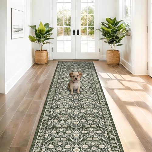 2x10 Washable Runner Rug for Hallways: Non Slip Boho Floral 2'x10' Long Botanical Rugs for Kitchen,Laundry,Bedroom - Indoor Green Rugs Soft Low Pile Carpet Runners with Rubber Backing - color: Green, size: 2' x 10' (Rectangular)