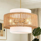 Boho Rattan Chandelier, 17.7" Boho Pendant Light with Fabric Lampshade, 4-Light Rattan Light Fixture Ceiling Hanging for Dining Room, Living Room, Bedroom, Kitchen Island, Hallway, Foyer - size: 17.7″Fabric