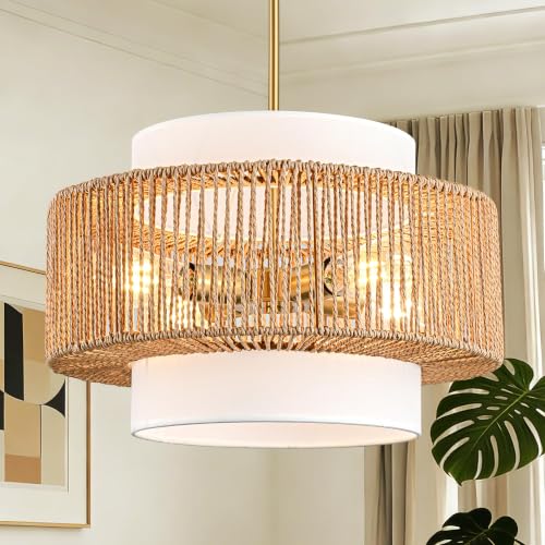 Boho Rattan Chandelier, 17.7" Boho Pendant Light with Fabric Lampshade, 4-Light Rattan Light Fixture Ceiling Hanging for Dining Room, Living Room, Bedroom, Kitchen Island, Hallway, Foyer - size: 17.7″Fabric