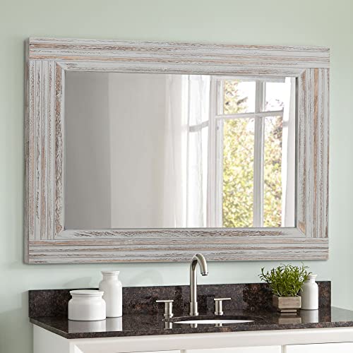 YOSHOOT Hand-Made Wooden Spliced Wall Mirror for Bathroom, Rustic Farmhouse Vanity Mirror, Décor Wall Art, Solid Wood Frame, Vertical or Horizontal Hanging - color: Spliced White Grey, size: 26"L x 18"W