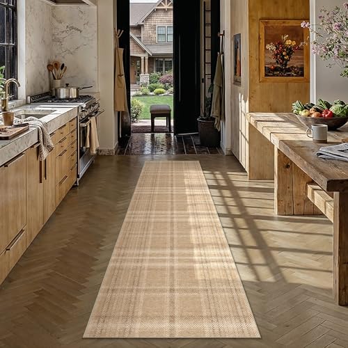 2x8 Brown Runner Rug for Kitchen Machine Washable Low Pile Checkered Carpet Modern Accent Soft Non Slip Rug for Bathroom Bedroom Nursery Indoor - color: Brown, size: 2' x 8' (Runner)