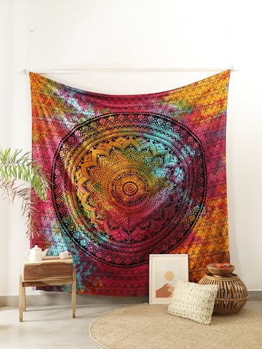 Popular Handicrafts Queen Mandala Hippie Hippy Tie Dye Psychedelic Ombre Tapestry Wall Hanging - Indian Maditation Gypsy Bohemian Dorm Room Decor Multicolor Black 81x88 Inch - color: Black Multicolor, size: 88L" x 81W"