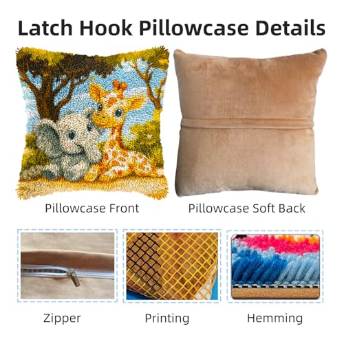 Generic DIY Latch Hook Pillow Kits Cute Elephant and Giraffe Printed Pillowcase Crochet Yarns Hooking Handmade Pillow Cover Cushion for Home Sofa Decoration 17x17inch-4 - color: 03-Giraffe