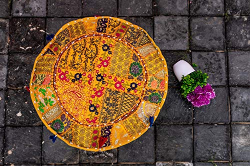 THE ART BOX Cotton Patchwork Vintage Pouf Covers (14x22 Inches, Cover Only) Boho Embroidered Bean Bag Seating Ottoman Kids Stool Decorative Chair Bohomian Home Décor - color: Yellow, size: 22"D x 22"W x 14"H