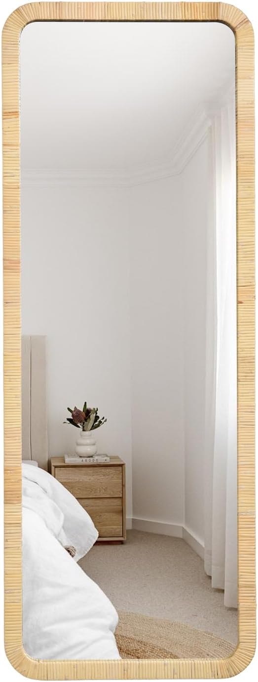 18"x48" Long Rattan Mirror Rattan Full Length Mirror Rectangle Wooden Framed Full Body Mirror Floor Mirror Lean Against Wall Farmhouse Wicker Mirror for Bathroom Entryway Living Room Bedroom