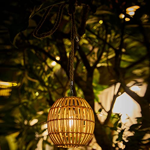 Livinlarge Hanging Solar Lantern Outdoor Waterproof, Large Solar Rattan Lantern Outdoor with Twine Handle, Bright Outdoors Hanging Lights with Edison Bulb for Garden Patio Yard Decoration - style: Solar Lantern