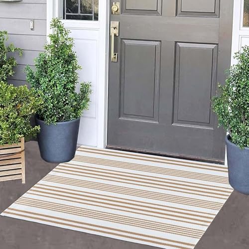Khaki and White Striped Outdoor Rug 24'' x 35'' Door Mat Outdoor Machine Washable Welcome Mats Cotton Hand-Woven Entryway Rug for Front Porch/Entryway/Laundry/Bathroom/Bedroom - color: Khaki White, size: 2' x 3' (Rectangular)