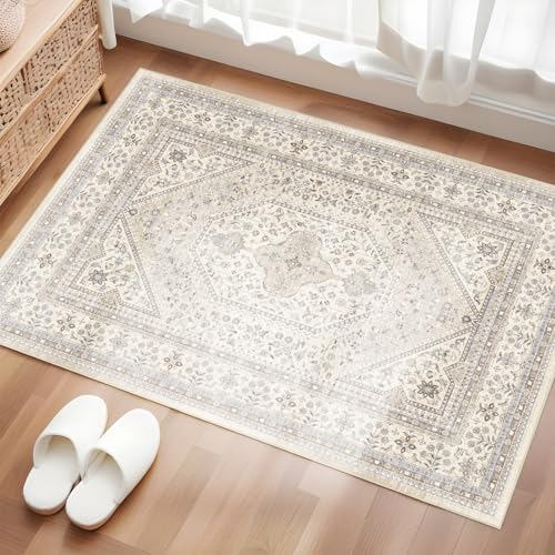 Puino Washable Entryway 2x3 Rug: Small Boho Rugs for Indoor Entrance Non Slip Backing Stain Resistant Carpet Low Pile Throw Rugs for Bedroom Bedside Inside Front Door Floor Kitchen Decor(Beige,2x3FT) - color: Beige/Gray, size: 2' x 3' (Rectangular)