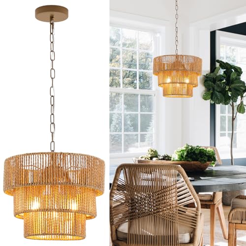 Rattan Pendant Light Fixtures,11.8" Boho Hanging Lamp for Kitchen Island,3-Light Hand-Woven Chandelier Height Adjustable,Natural Wicker Lamps for Dining Room Living Room Bedroom Hallway Entryway,Brown - color: 11.8" Brown