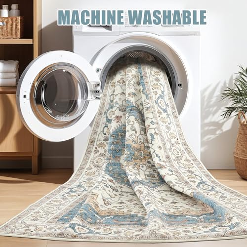 Area Rug for Living Room - 5x7 Soft Washable Oriental Vintage Floral Distressed Large Carpet - Fade Stain Resistant Non Slip Rugs for Bedroom Dining Room Nursery Dorm Office Home Decor - Blue/Beige - color: Blue/Beige, size: 5' x 7' (Rectangular)