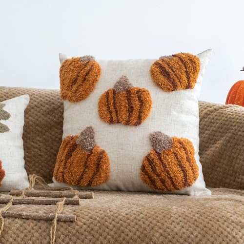 Fall Tufted Pumpkin Pillow Cover, Fluffy Autumn Harvest Throw Pillow Sham, Orange Burlap Decorative Pillowcase for Farmhouse Halloween Thanksgiving Home Decor, Square 18 inches, 1PCS