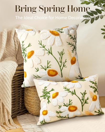 Embroidered Throw Pillow Cover - 20x20 Decorative Pillow Cover with Zipper Aesthetic Cute Design Boho Spring Summer Cozy Throw Pillowcase for Living Room Couch Sofa Bed, Daisy - color: Daisy, size: 20" x 20" (Pack of 1)