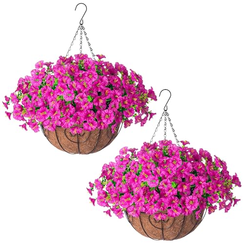 2 Set Artificial Hanging Flowers Baskets Fake Plants for Outdoors Spring Porch Decor, 24 Pcs UV Resistant Faux Silk Morning Glory Eucalyptus with 2 Hanging Planters Realistic for Outside Patio Outdoor - color: Fuchsia