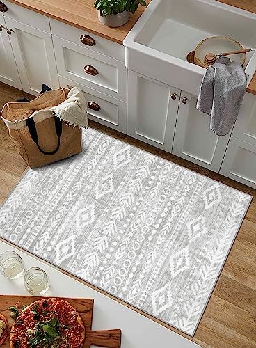 Lahome Boho Moroccan Entryway Rug, Washable 2x3 Grey and White Indoor Entry Kitchen Rugs Non-Slip, Ultra-Thin Soft Rustic Tribal Print Front Door Carpet Fall Small Throw Rug for Laundry Varena - color: Grey/White, size: 2' x 3'