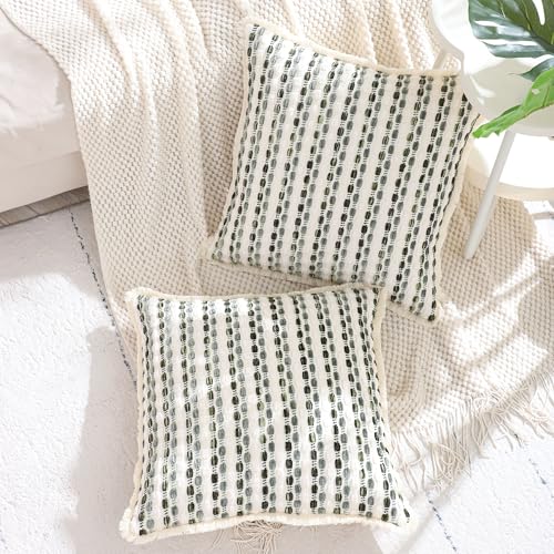 LUOYEHK Chenille Striped Throw Pillow Covers 20x20 Inch Set of 2 Boho Decorative Pillowcases with Fringe Farmhouse Neutral Dark Green Cushion Covers for Couch Sofa Bed Living Room - color: Green Gray, size: 20" x 20" (Pack of 2)