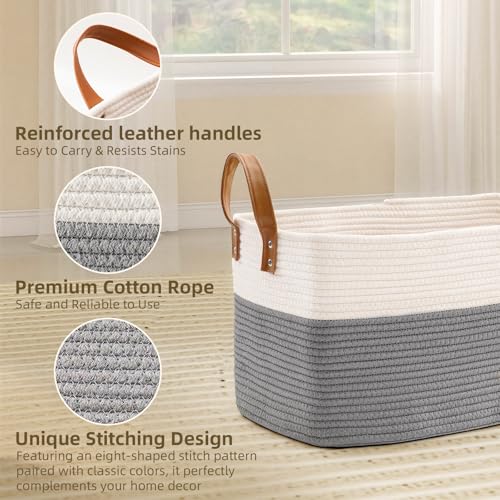 BOLDMONKEY 72L Laundry Basket with Leather Handles,Woven Cotton Rope Blanket Basket,Toy Bin for Baby Room,Laundry Hampers for Bedroom, Living Room,Bathroom,22"x17"x11.8" Gray - color: Gray, size: 72L