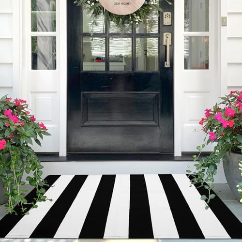 IOHOUZE Black White Striped Rug -27.5" X 43" Front Door Mats Outdoor,Washable Rug for Front Porch Decor,Spring Summer Welcome Mats Outdoor Indoor, Doormat for Farmhouse/Entryway/Home Entrance - color: Black White Stripe, size: 2'4" x 3'8" (Rectangular)