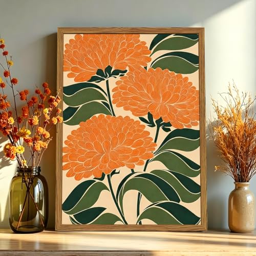 Framed Boho Floral Wall Art, Vintage Orange Flower Canvas Wall Decor Pictures, Mid Century Modern Abstract Botanical Paintings Prints Maximalist Home Decor for living Room Bedroom Office 12x16 inch - color: Orange Flower, size: 16"L x 12"W
