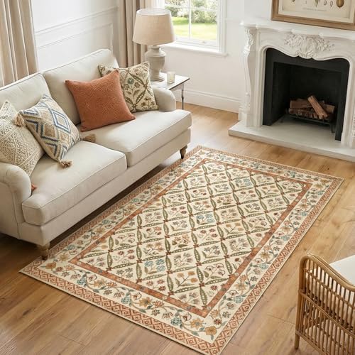 jinchan Haden 4x6 Floral Area Rug Vintage Cottage Decor Soft Non-Slip Low Pile Washable for Bedroom Dining Room Home Office Apartment Small Living Room Carpet Terracotta - color: Terracotta, size: 4' x 6' (Rectangular)