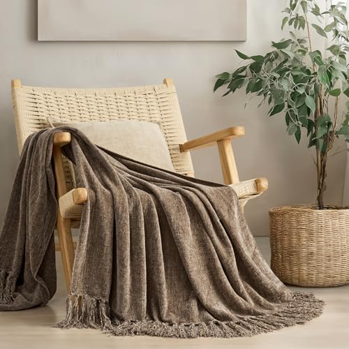 EverGrace Soft Chenille Throw Blanket for Couch, Cozy Plush Fuzzy Decorative Chenille Knit Throw Blanket with Tassels, Lightweight Blanket and Throws for Bed Sofa Gift Home Decor, Mocha Brown 60"x80" - color: Mocha Brown, size: 60"x80"