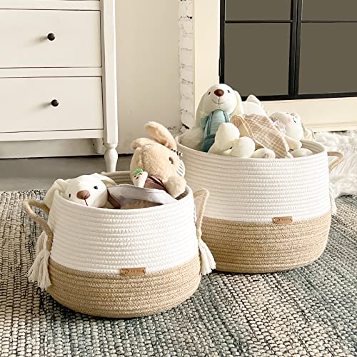 R RUNKA Small Basket for Stuffed Animal,Clothes ,Baby Blankets -11.8"x9.8"- Boho Baskets for Living Room,Bedroom,Nursery |Cotton Rope Baskets, Cube Basket, Under Shelf Basket | Baskets for Home Decor - size: Medium (11.8" x11.8" x9.8")