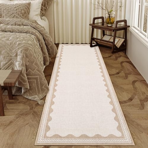 Garvee Washable Hallway Runner Rug 2x6 Runner Rug Non Slip Bordered Wave Print Entryway Rugs Foldable Non-Shedding Carpet Low Pile Stain-Resistant Indoor Soft Rugs for Laundry Kitchen Bathroom Beige - color: Border Beige, size: 2' x 6' (Rectangular)