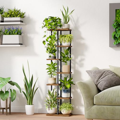 Bamworld Tall Plant Stand Indoor, 7 Tier Plant Shelf for Multiple Plants, Tiered Flower Pot Stands for Patio Garden Balcony Living Room Bedroom, Brown - color: Brown, size: 7 Tier
