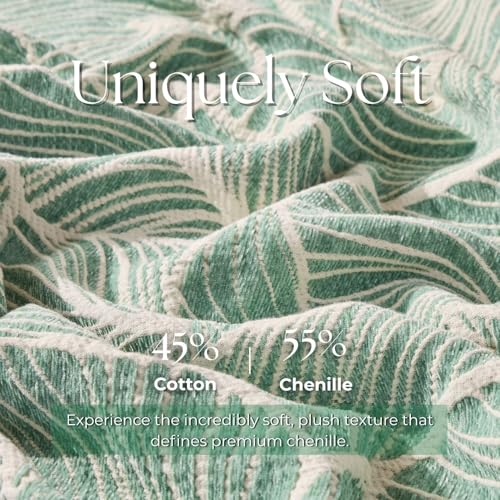 DOWN HOME Chenille Cotton Throw Blanket for Couch, Lightweight Boho Blanket for Bed Sofa Chair Living Room Outdoor Soft Woven Decorative Blanket with Tassel Gift Green Leaves 60"x80" - color: Green, size: 60"x80"