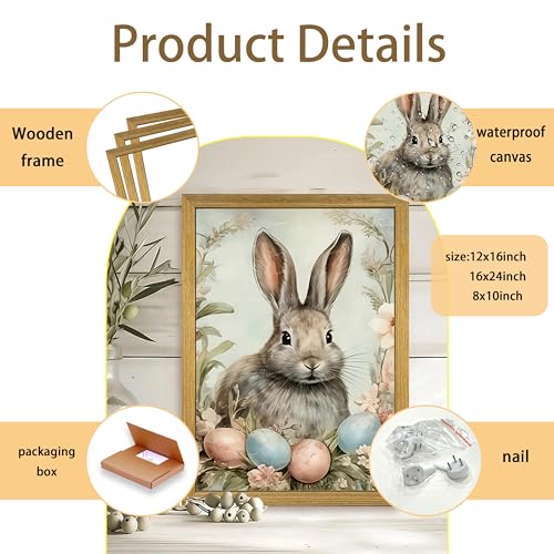 Easter Bunny Wall Art, Vintage Rabbit Canvas Wall Decor, Easter Eggs Poster Print Picture, Spring Farmhouse Animal Painting for Living Room Bedroom Kitchen Holiday Home Decor 8x10 Inch Wood Framed - color: Easter Bunny A, size: 10"L x 8"W