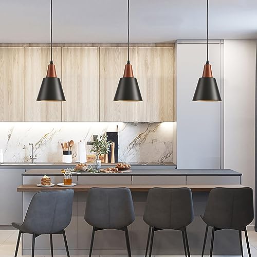 2 Pack Pendant Lights, Black Pendant Lights Kitchen Island,Wood Dome Minimalist Industrial Ceiling Hanging Lights for Kitchen Island, Barn, Dining Room, Living Roo m, Bedroom - color: Black