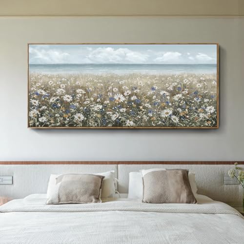 amatop Oversized Framed Canvas Wall Art 6x2.6 ft – Extra Large Farmhouse Art Work Boho Beach Coastal Ocean Nature Daisy Flowers Landscape Picture for Giant Living Room Bedroom Office Decor 71“x31” - color: Coastal Flower Sea Art, size: 71"L x 31"W