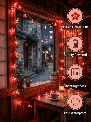 Flower Battery Operated Indoor String Lights 30LED Cherry Blossom Fairy String Lights Waterproof Outdoor for Garden Fence Party Camping Birthday Wedding Room Home Decoration Red - color: Red