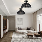 Rattan Ceiling Light Fixtures 2 Packs-Black Rustic Woven Basket Flush Mount Ceiling Light, Handmade Wicker Ceiling Lamp, Rattan Chandelier For Kitchen Island, Hallway, Living Room, Bedroom, E26 Base - color: Black