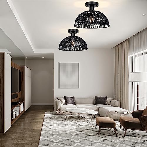 Rattan Ceiling Light Fixtures 2 Packs-Black Rustic Woven Basket Flush Mount Ceiling Light, Handmade Wicker Ceiling Lamp, Rattan Chandelier For Kitchen Island, Hallway, Living Room, Bedroom, E26 Base - color: Black