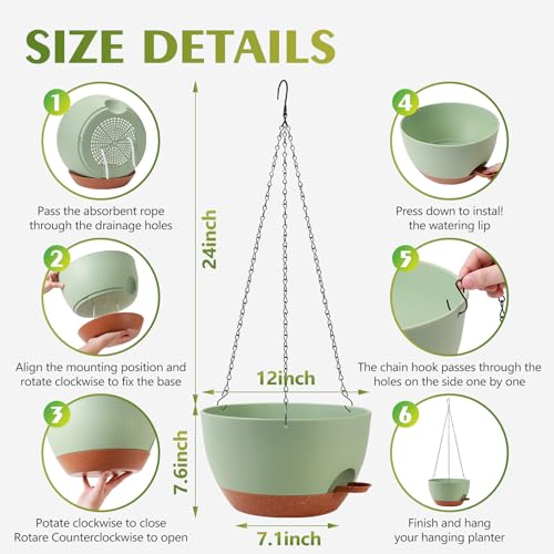 GARDIFE Hanging Planters for Indoor Outdoor Plants, 2 Pack Self Watering Hanging Pot with Drainage Holes & Removable Tray (Green, 12 inch) - color: Green, size: 12 Inch