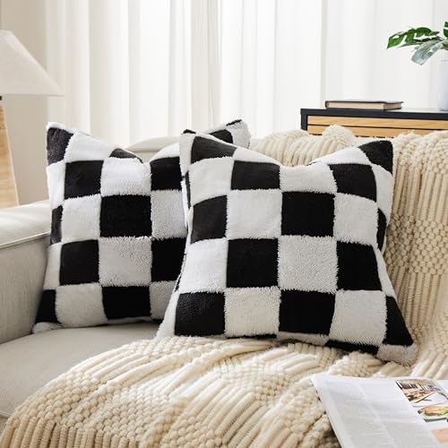 Ohocut Checkered Jacquard Shag Throw Pillow Covers, Pack of 2 Fluffy Black White Cute Decorative Aesthetic Soft Checkered Throw Pillow Cases for Couch Sofa Bedroom,20x20 Inch - color: Black and White, size: 20" x 20" (Pack of 2)