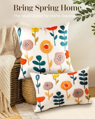 Embroidered Throw Pillow Cover - 20x20 Decorative Pillow Cover with Zipper Aesthetic Cute Design Boho Spring Summer Cozy Throw Pillowcase for Living Room Couch Sofa Bed, Plants - color: Plants, size: 20" x 20" (Pack of 1)
