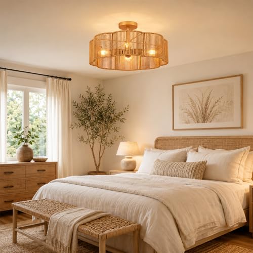 Hamilyeah Rattan Flush Mount Ceiling Light Fixture, 20 Inch Woven Scalloped Boho Ceiling Lamp, 4-Light Gold Ceiling Fixture with Hand-Woven Wicker Shade for Bedroom, Dining Room, Kitchen - color: Gold