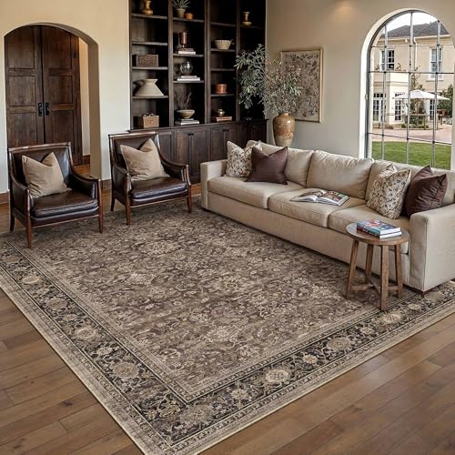 HUGEAR Brown Washable 5x7 Area Rugs for Living Room Bedroom Vintage Distressed Neutral Rug Carpet Durable Soft Non Slip & Shedding Stain Resistant Low Pile Indoor Home Decor - color: Retro | Brown, size: 5' x 7' (Rectangular)