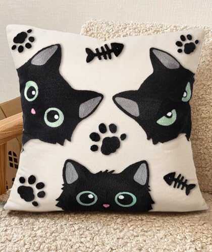 Embroidered Throw Pillow Cover 18x18 Inch - Spring Summer Boho Decorative Pillow Cover with Zipper for Living Room Couch Sofa Bed Aesthetic Design Three Cat Bone Cushion Pillowcase - color: Cat Bone, size: 18" x 18" (Pack of 1)
