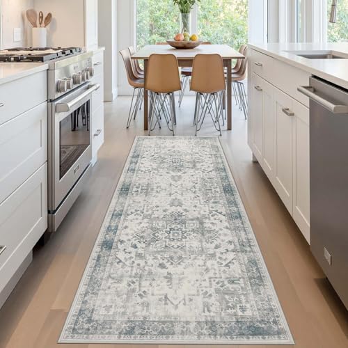 Rugxara 2x6 Washable Runner Rug, Non Slip Boho Runner Rugs for Hallway, Kitchen, Entrance, Bathroom, Laundry Room, Soft Ultra-Thin Entryway Carpet, Throw Low Pile Retro Imitation Carpet, Blue Grey - color: Blue & Grey, size: 2' x 6' (Runner)