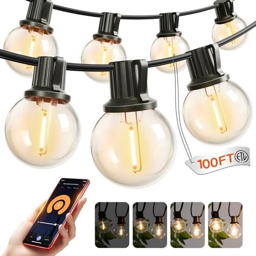 addlon Outdoor String Lights 100FT G40 with APP Control, 54 LED Shatterproof Bulbs, Dimmable Patio Globe Lights Waterproof, Hanging Outside Lighting for Backyard, Garden, Deck, Balcony, Café - size: 100FT(Smart)