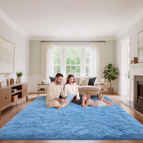 Blue Area Rugs 9x12 Living Room Bedroom, Fluffy Large Rug Soft Shag Non-Slip Carpet for Kids Boys and Girls Room Dorm Home Decor (9ft x 12ft) - color: Blue, size: 9' x 12' (Rectangular)