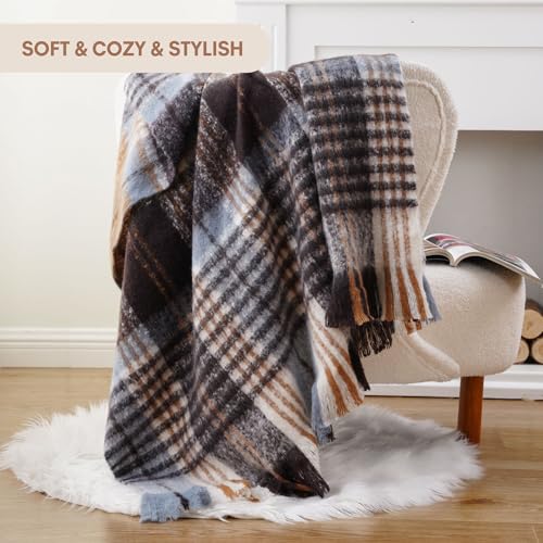 Battilo Plaid Throw Blanket for Couch Bed, Soft Mohair Tartan Plaid Blanket, Farmhouse Style Checkered Pattern, Bluish Grey Throw Blankets for Home Decor(50"x60") - color: Bluish Grey