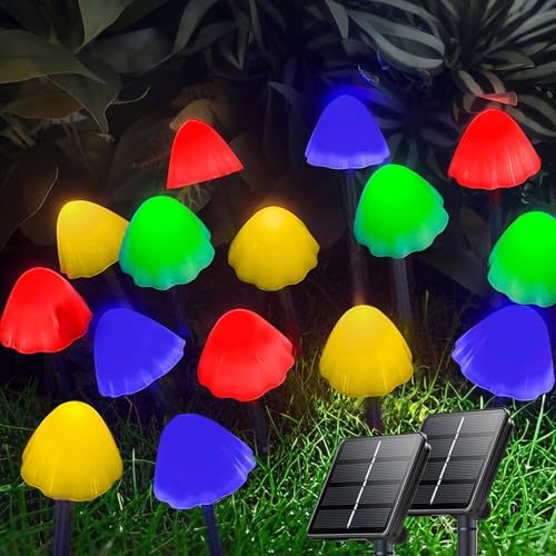 OZS 2PK 32LED 55FT Mushroom Solar Garden Lights Outdoor, Solar String Lights Waterproof with 8 Lighting Modes, Solar Garden Decor for Outside, Pathway Light for Yard Decoration (Multicolor) - color: Mushroom-Multicolor