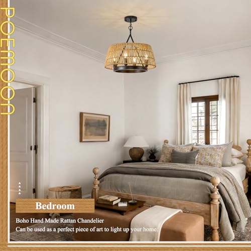 Boho Woven Chandeliers Hand Rattan Ceiling Pendant Lighting Rustic 4-Light 18" Hanging Light Fixture for Dining Room, Hallway, Entryway, Kitchen,Bedroom, E12 - size: Trapezoid-17.7''-V