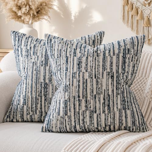 a moment Boho Throw Pillow Covers Set of 2,Striped Decorative Rustic Farmhouse Pillow Cases,Aesthetic Modern Home Decor Couch Cushion Covers for Bed Sofa Living Room 26"X26" Blue - color: Blue, size: 26" x 26" (Pack of 2)