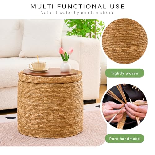 Wimarsbon 18'' Ottoman Pouf, Natural Braided Poof, Rustic Handweave Lounge Pouffe, Boho Footrest Stool for Bedroom, Accent Table for Living Room (Storage - 18inch Natural Cattail L) - color: Storage - 18inch Natural Cattail L